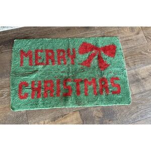 Vintage MCM 1950's 1940's Green Red Merry Christmas BOW Throw Rug Kitchen Entry